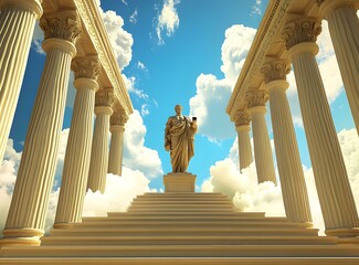 Golden Statue of a Man Standing on Stairs in Front of Columns