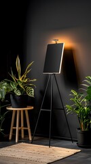 Poster - Black Canvas on Easel With Plants In a Dark Room