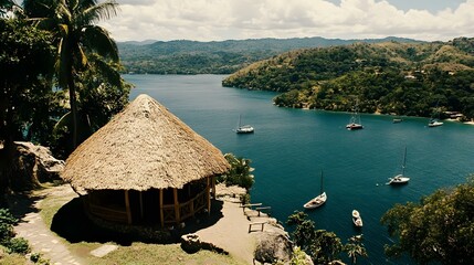 Poster - Tropical Hut Overlooking a Bay with Sailboats