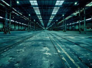 Poster - Abandoned Industrial Factory Interior With Concrete Floor And Steel Beams