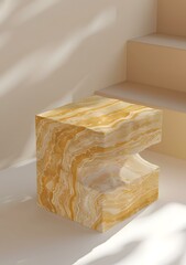 Wall Mural - Golden Marble Cube on White Background with Steps