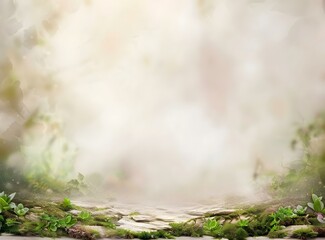 Poster - Green Plants on Mossy Stone with Fog Background