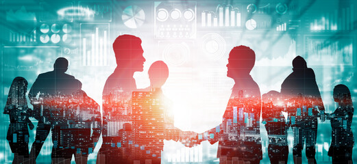 Wall Mural - double exposure image of many business people conference group meeting on city office building in ba