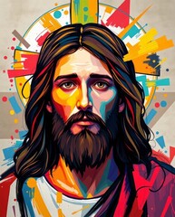 Wall Mural - Jesus Christ in front of a colorful background. Colorful vector illustration, Jesus Christ face art illustration. Jesus Christ with a colorful abstract background. Vector illustration of Jesus Christ.