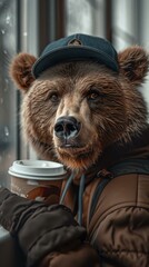 Poster - A bear wearing a hat and jacket enjoys a warm beverage. AI.