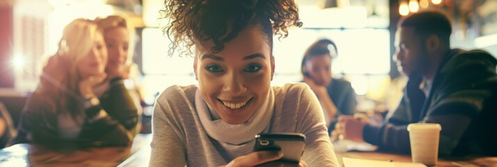 Poster - A woman smiles while looking at her phone. AI.