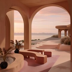 Wall Mural - Modern Minimalist Architecture with Archways and Ocean View