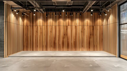 Poster - Modern Wooden Wall Interior Design With Concrete Floor