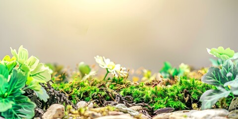 Green Moss and Small White Flowers on a Light Brown Background