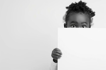 Sticker - A black and white photo of a little girl peeking out from behind the blank board. AI.