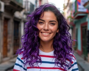 Canvas Print - A woman with purple hair smiling in a street. AI.