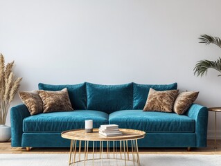 Wall Mural - Home interior mock-up with blue sofa, table and decor in living room,