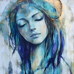 Wall Mural - Woman with Closed Eyes in a Blue and Gold Hat Painting