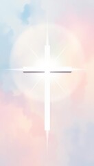 Wall Mural - white cross on the blue sky with clouds and sun rays - religious background, Illustration of a Christian cross on a colorful background with space for text, Christian cross on pastel background