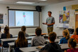 © HNXS Digital Art - Classroom Setting with Teacher Presenting a Science Lesson on a Projector Screen to Attentive Middle School Students