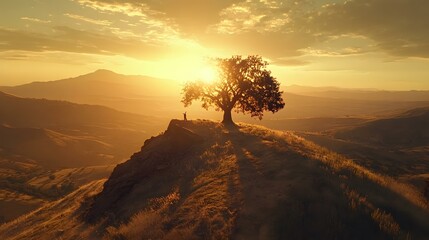 Canvas Print - Silhouette of a Person Standing on a Hilltop with a Tree and Sunset in the Background