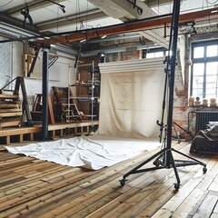 Wall Mural - White Photography Backdrop in Loft Studio with Wooden Floor