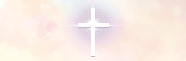 Wall Mural - white cross on the blue sky with clouds and sun rays - religious background, Illustration of a Christian cross on a colorful background with space for text, Christian cross on pastel background