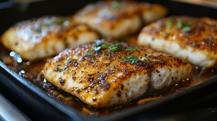 Wall Mural - Grilled fish fillets with sauteed mushrooms and herbs in a skillet