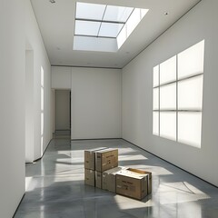 Wall Mural - Empty Modern Gallery Room With Cardboard Boxes