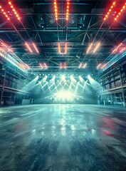 Canvas Print - Empty Stage with Spotlights in a Large Industrial Space