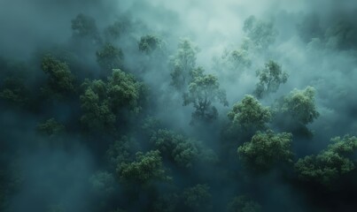 Wall Mural - a forest with trees covered in mist. the trees are green and the sky is cloudy. the mist gives the f
