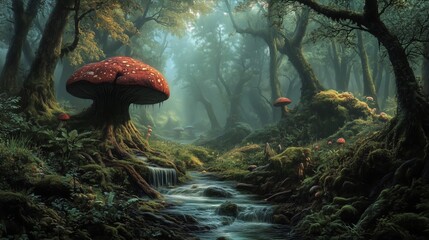 Wall Mural - a forest scene with a large red mushroom and two smaller mushrooms