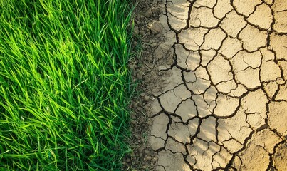 a patch of dry, cracked earth next to a lush green field. the contrast between the two is striking, 