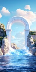 Canvas Print - White Archway in the Sea With Rocks and Clouds