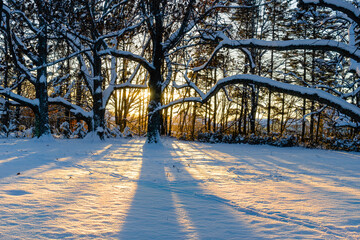 Wall Mural - Long deep shadows from the setting sun on trees in the winter landscpae.