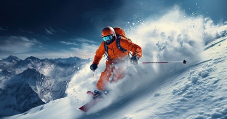 Wall Mural - extreme winter sport with skier jumping on trail