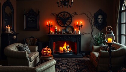 Cozy living room with fireplace, lit candles, and Halloween decorations.