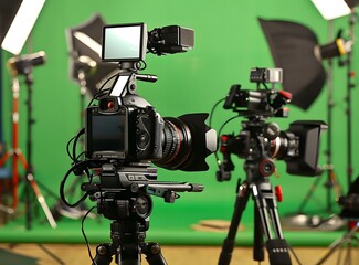 Wall Mural - Professional Video Camera Equipment on Tripod in Studio