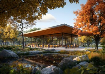 Poster - Modern Glass Pavilion in a Fall Forest Landscape