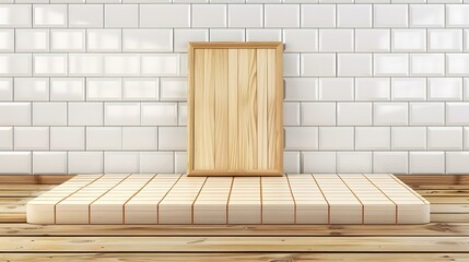 Poster - White Tile Wall With Wooden Frame And Platform