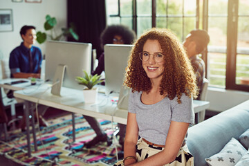 Poster - Happy, startup and portrait of business woman in office with pride, confidence and smile. Creative company, professional and manager with web designer team for coworking, meeting and collaboration