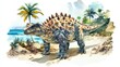 © Penatic Studio - Watercolor Painting of a Spiky Dinosaur on a Beach with Palm Trees