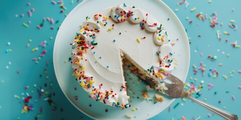 White birthday cake for a celebration, featuring a slice removed and seen from above, with a retro server presenting a piece sprinkled with colorful confetti.