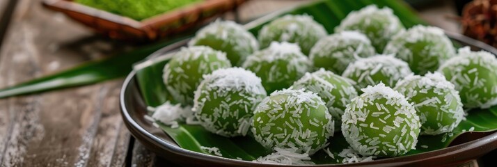 Sticker - Klepon, a traditional dessert, features green glutinous rice balls filled with palm sugar and covered in grated coconut, similar to Onde onde found in another region.