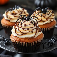 Cupcakes with spiderweb icing and plastic spiders, detailed close-up - Halloween Treats, Spooky Desserts.