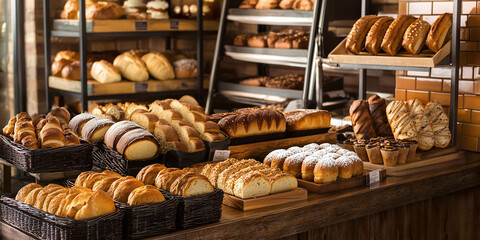 freshly baked pastries, bread, and cakes in a warm, rustic bakery setting 