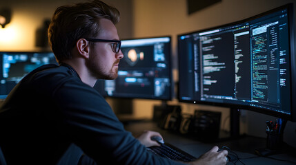 modern office environment with focused software developer coding late night, utilizing multiple scre