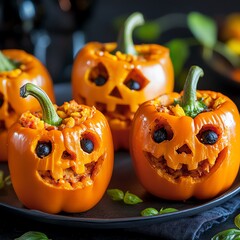 Jack-o'-lantern stuffed peppers with creepy carved faces, macro shot - Halloween Dishes, Festive Meals.