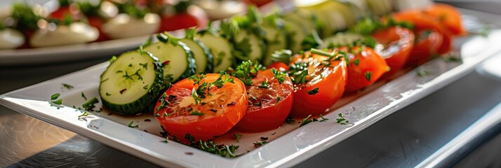 Canvas Print - Marinated cucumber and tomato appetizer presented in a dining setting.