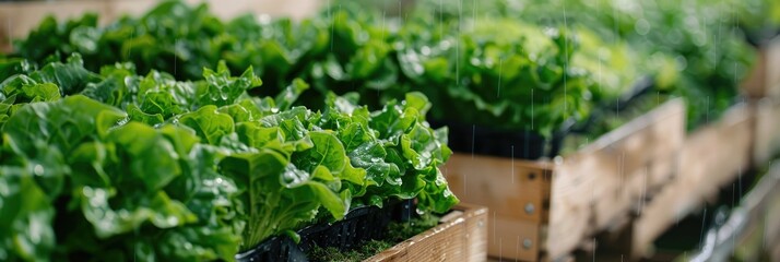 Wall Mural - Harvested salad vegetables from an organic farm amidst rainfall, wooden containers filled with fresh produce, natural growth in a hydroponic greenhouse garden, promoting ecological, healthy, and