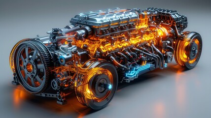 A detailed close-up illustration of a modern car engine