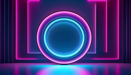 Wall Mural - bright neon circular design illuminates a dark background with geometric shapes in a modern digital 