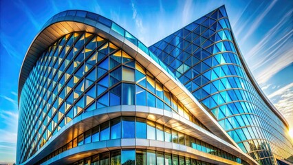 Sleek, modern architecture featuring a vibrant, curved geometric façade with intersecting lines, shapes, and reflective surfaces, set against a bright blue urban sky.