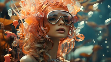 A zany individual wearing a snorkel mask and flippers, swimming through a surreal underwater landscape of floating bubbles and sea creatures