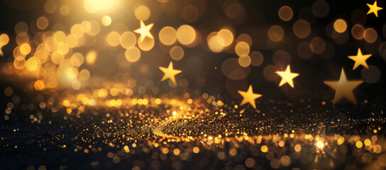 Abstract holiday christmas festive golden, glittering, starry trail background with copy space, shiny stars, and bokeh lights